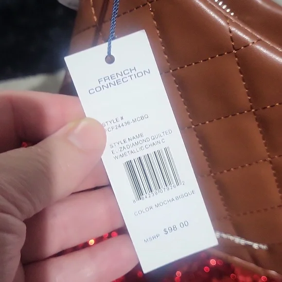 French Connection Quilted Brown Shoulder Bag with Silver Chain - Picture 2 of 7